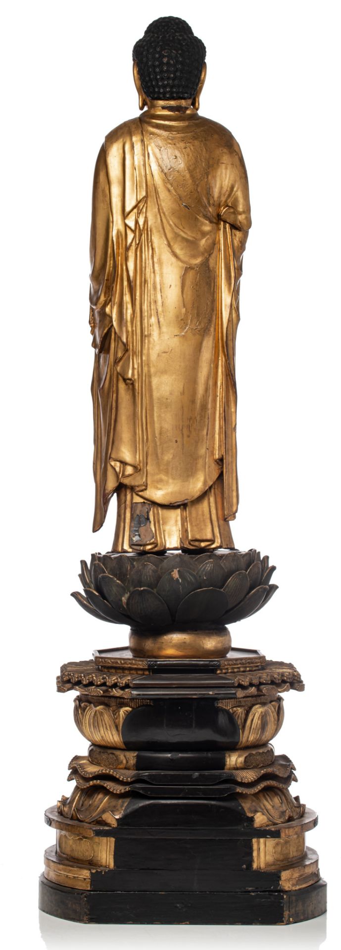 A Japanese gilt-wood standing figure of Amitabha Buddha, on a finely carved lotus base, Edo period, - Image 4 of 21