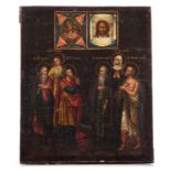 (T) An Eastern European icon representing six saints and the sweat cloth of Saint Veronica, 19thC, 2