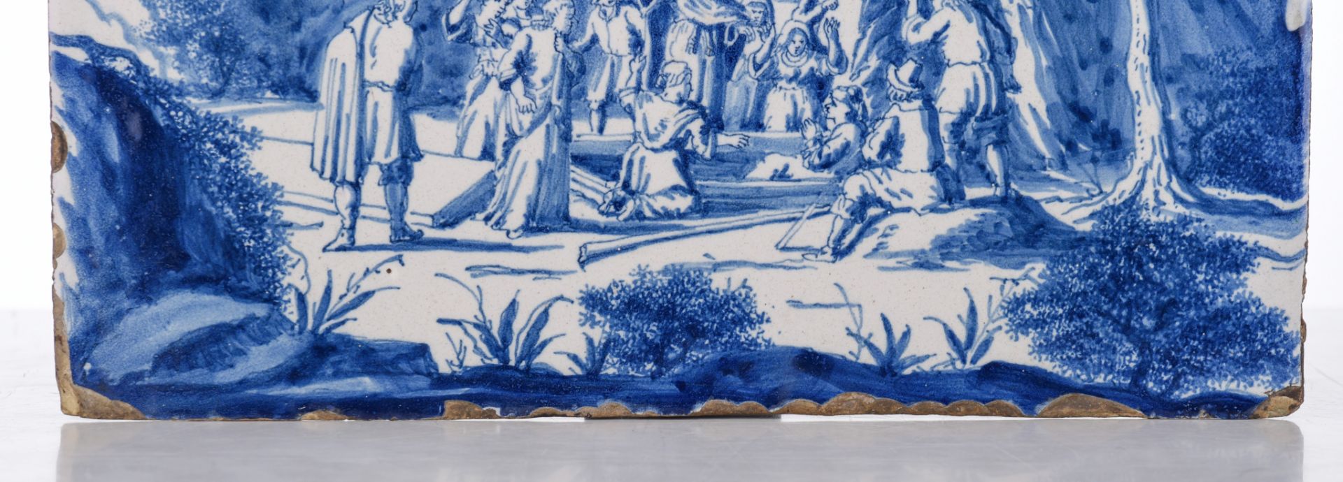 A fine blue and white Dutch Delft plaque depicting Saint John preaching in the wilderness, 17thC, 25 - Image 3 of 4