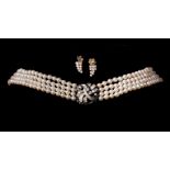 (T) A collection of gold and pearl jewellery, consisting of a 'raz du cou' necklace set with diamond