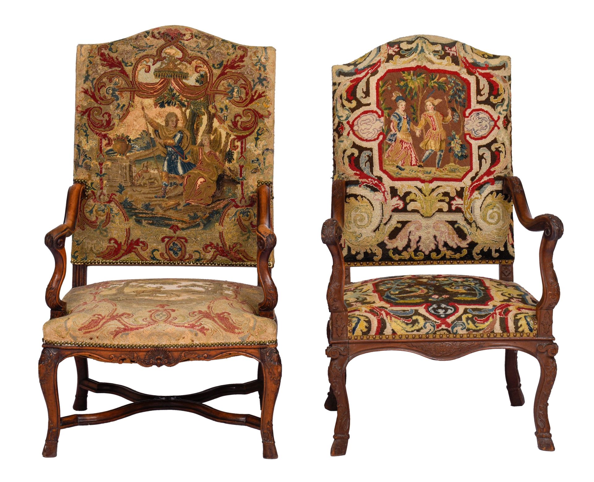 Two carved walnut Régence armchairs, H 120 - W 71 - H 116 - W 70 cm - Image 2 of 24