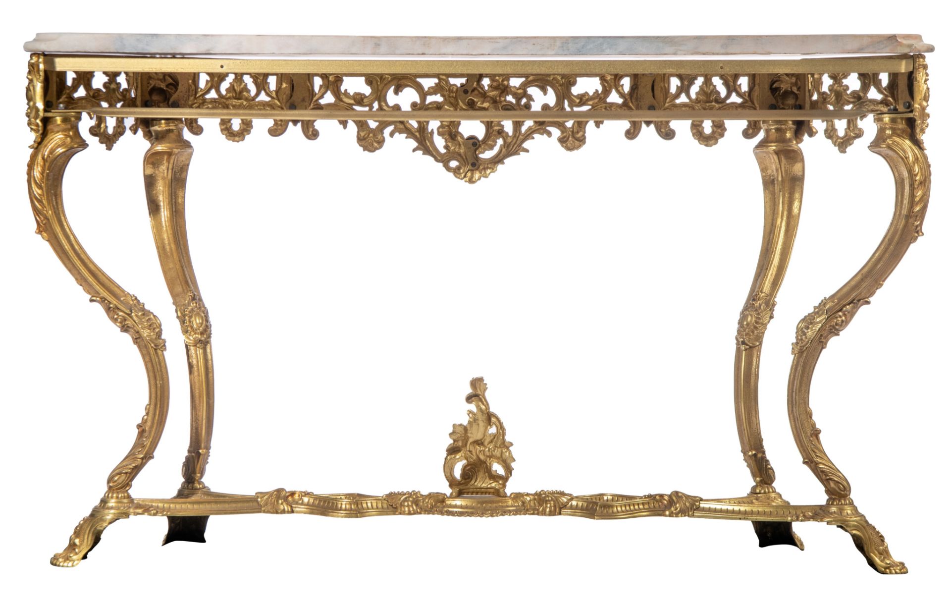 A large Rococo style gilt metal console table and mirror, H 125 - W 110 cm (the mirror) - H 85 - W 1 - Image 5 of 12