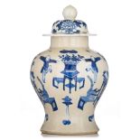 A Chinese blue and white on crackle-glazed baluster vase and cover, 19thC, H 41 cm