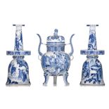 A Chinese blue and white 'Figural' three-piece altar censer set, with a Jiajing mark, 19thC/20thC, H