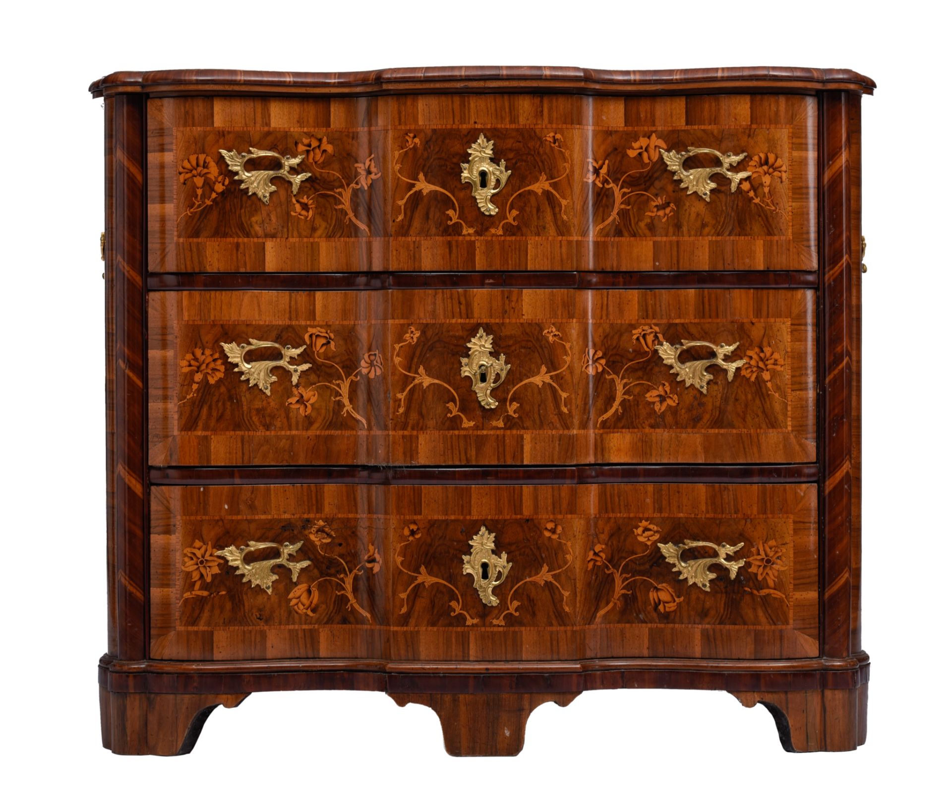 A magnificent German Rococo commode with elegant floral marquetry, mid 18thC, H 93 - W 112 - D 56 cm - Image 2 of 13