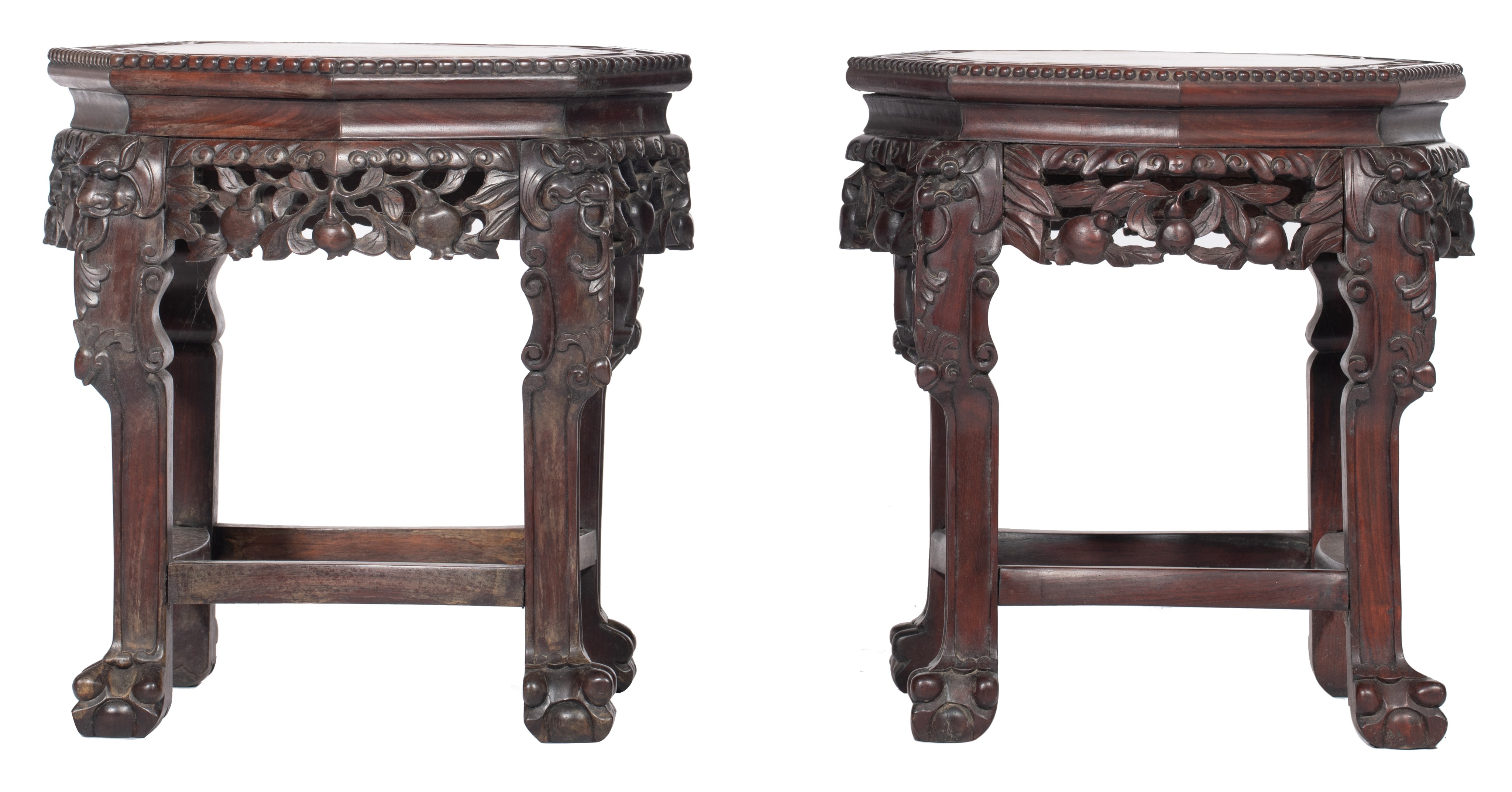 Two Chinese octagonal hardwood bases with a marble plaque, H 47,5 cm - Image 2 of 7