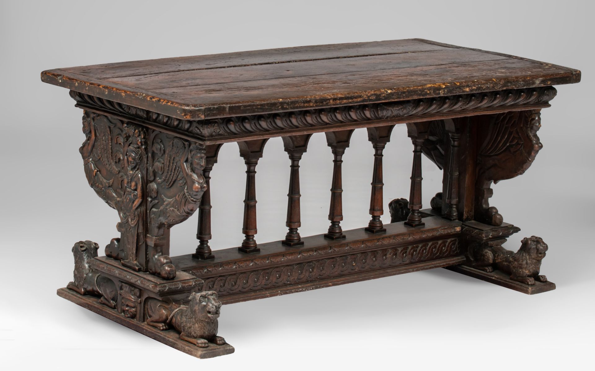 An exceptional Italian Renaissance carved walnut centre table, 16th/17thC, H 82 - W 165 - D 86,5 cm - Image 2 of 12