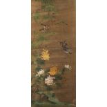 A Chinese painting, 'Sparrows and flower branches', watercolour on silk, framed, Tang style, 58,5 x