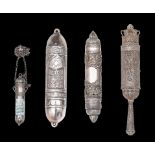 (BIDDING ONLY ON CARLOBONTE.BE) A collection of three silver Judaica Esther scroll cases and a match