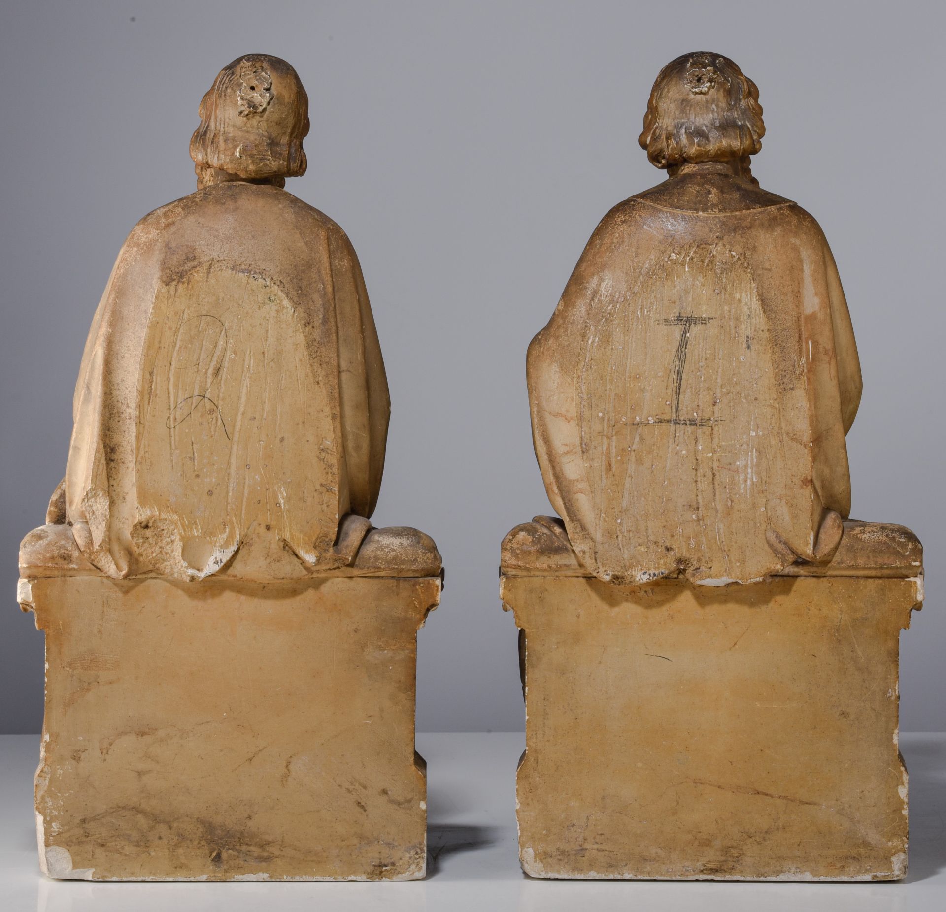 A pair of patinated reconstituted stone sculptures of seated Evangelist, in the style of the 15thC, - Image 4 of 12