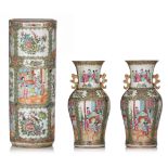 A Chinese Canton famille rose umbrella stand and a pair of ditto vases, H 42 - 61 cm