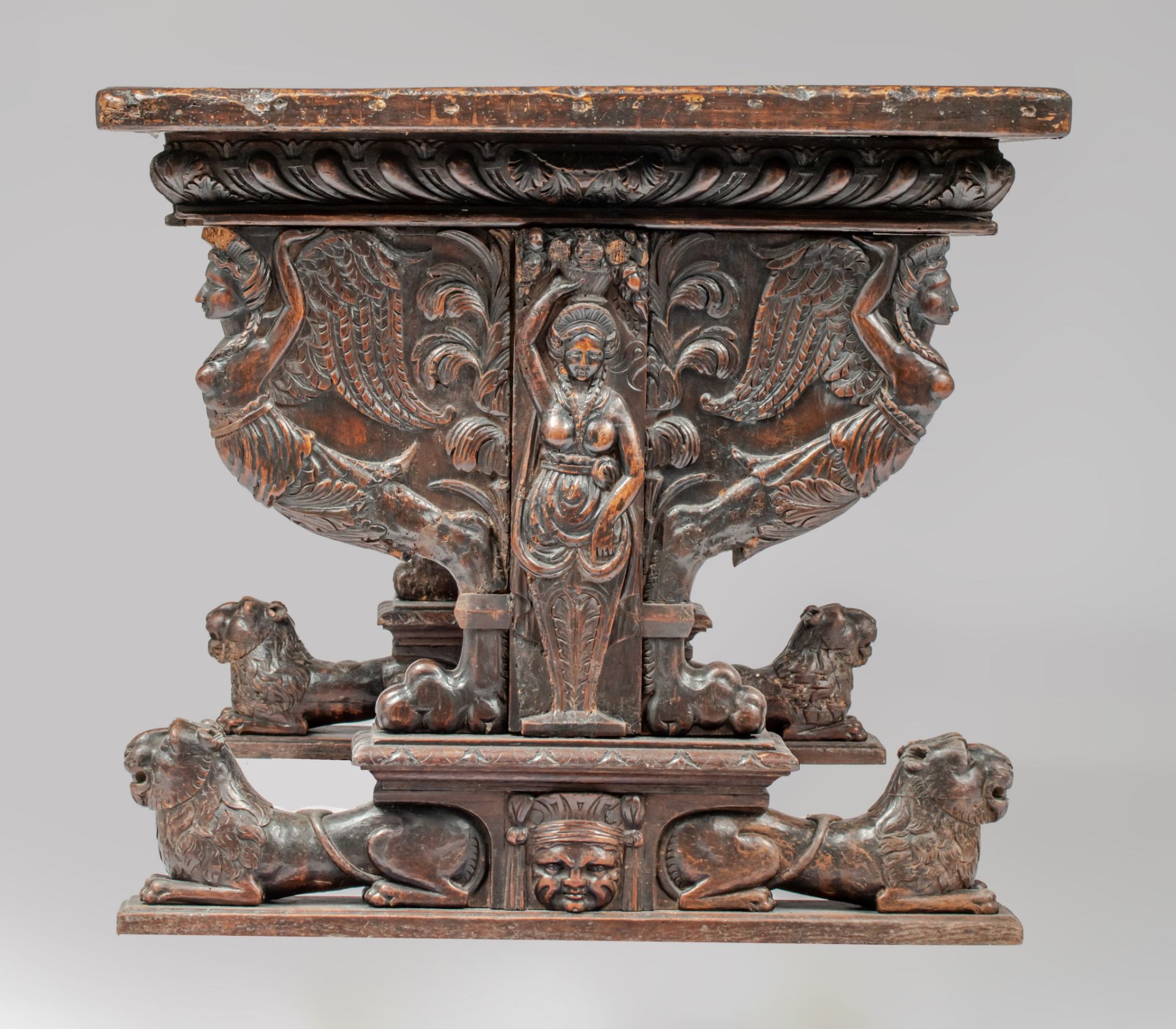 An exceptional Italian Renaissance carved walnut centre table, 16th/17thC, H 82 - W 165 - D 86,5 cm - Image 6 of 12