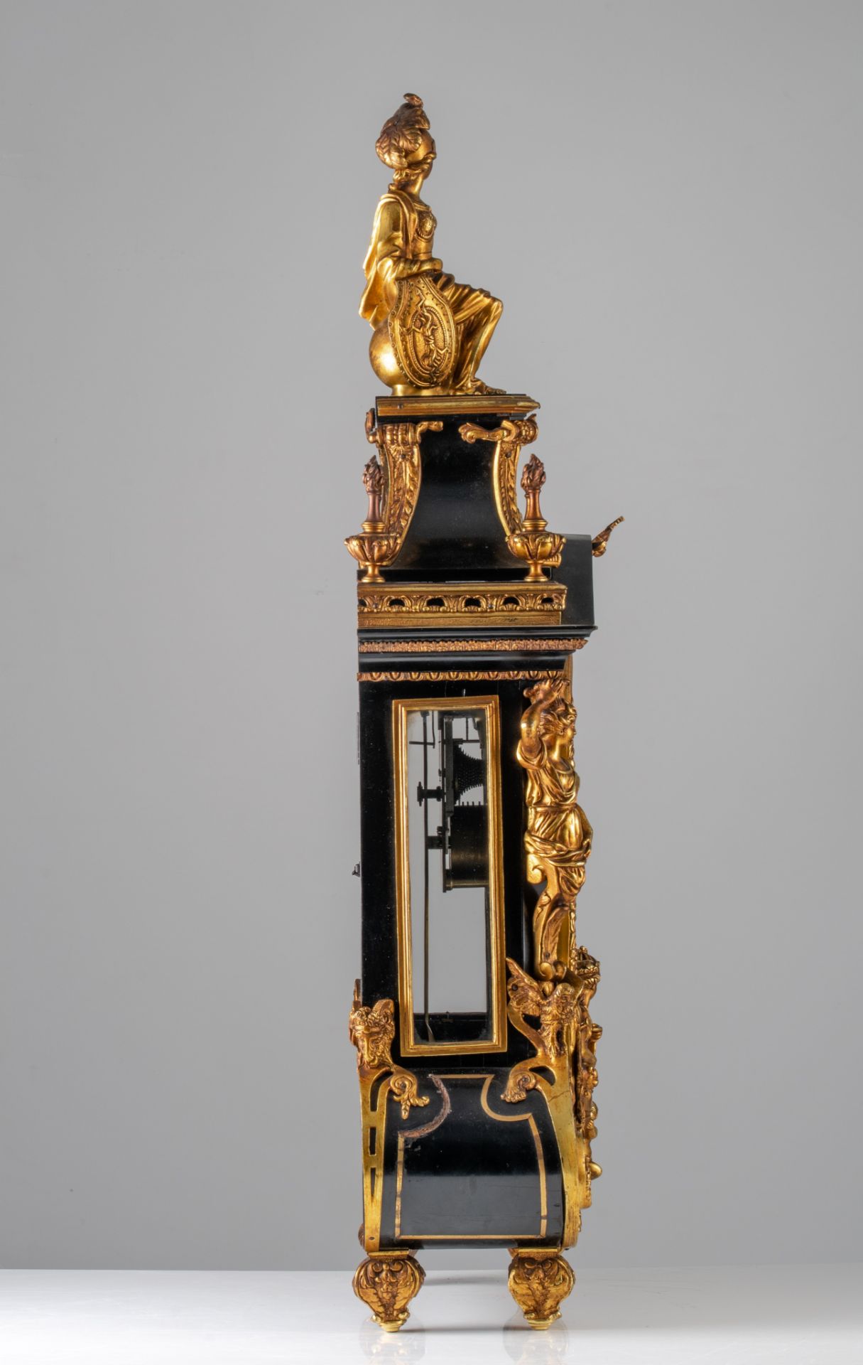 A Napoleon III ebonised wooden 'Pendule Religieuse', with gilt bronze mounts, H 96 cm - Image 3 of 11