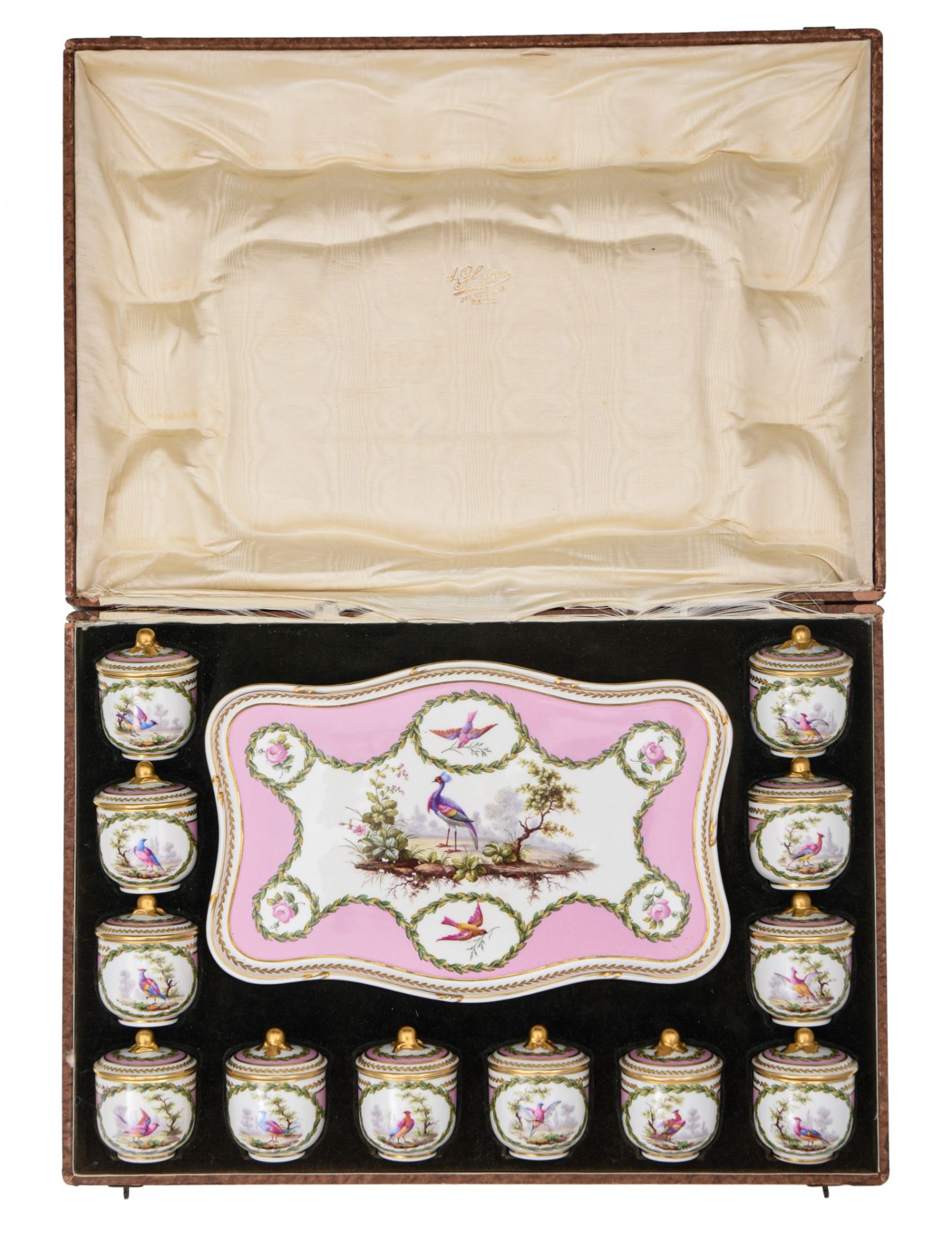 (BIDDING ONLY ON CARLOBONTE.BE) A 12 person Sevres porcelain set of dessert cups on a matching tray,