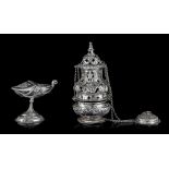 Two matching 18thC Italian silver incense burners, H 13,5 - 28 cm - total weight: ca. 920 g