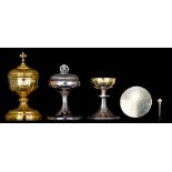 A collection of two silver and gilt brass modernist cibori and one chalice with patten, H 16,5 - 27