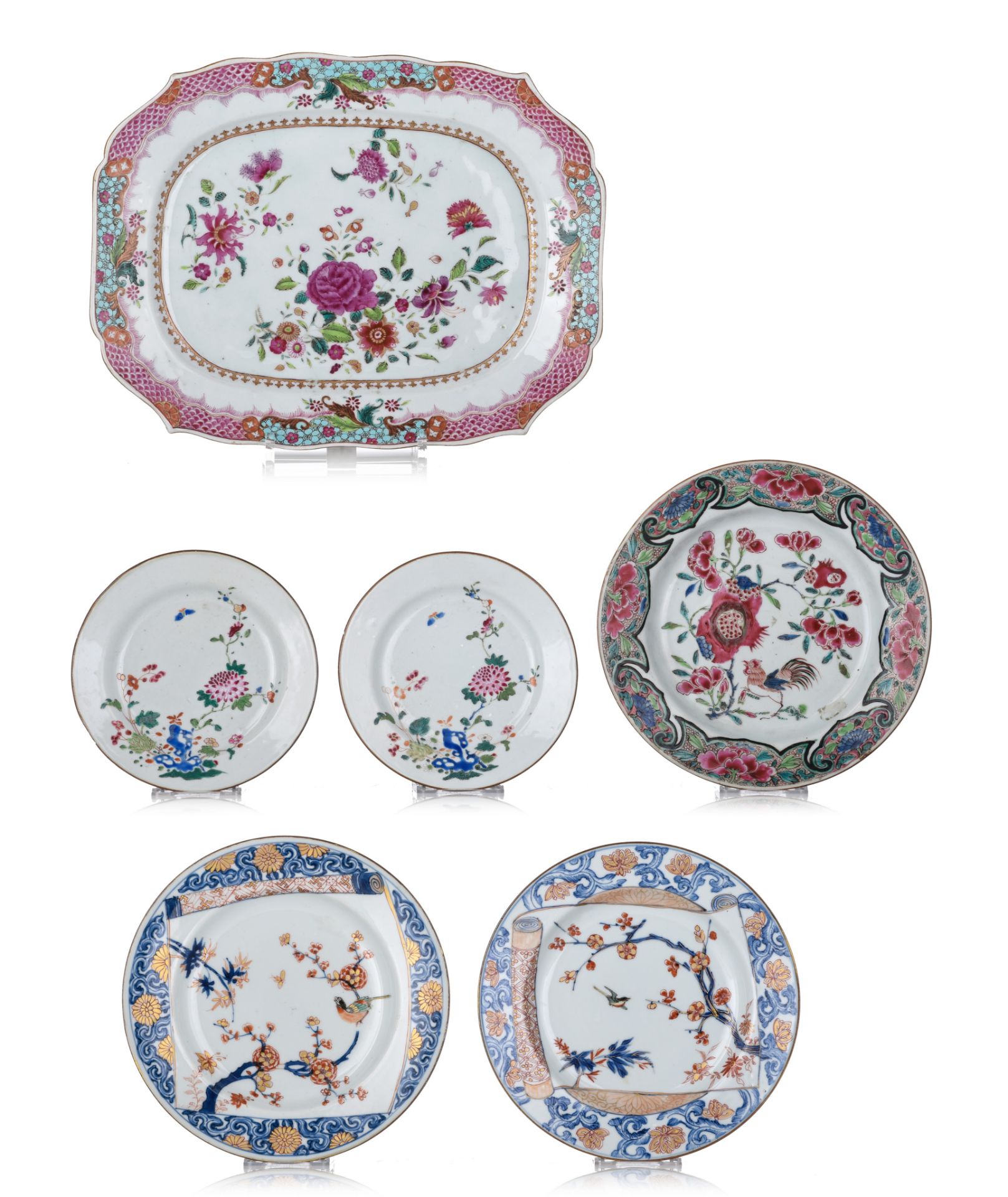 A collection of fine Chinese famille rose export porcelain dishes and a plate, 18thC, largest dimens