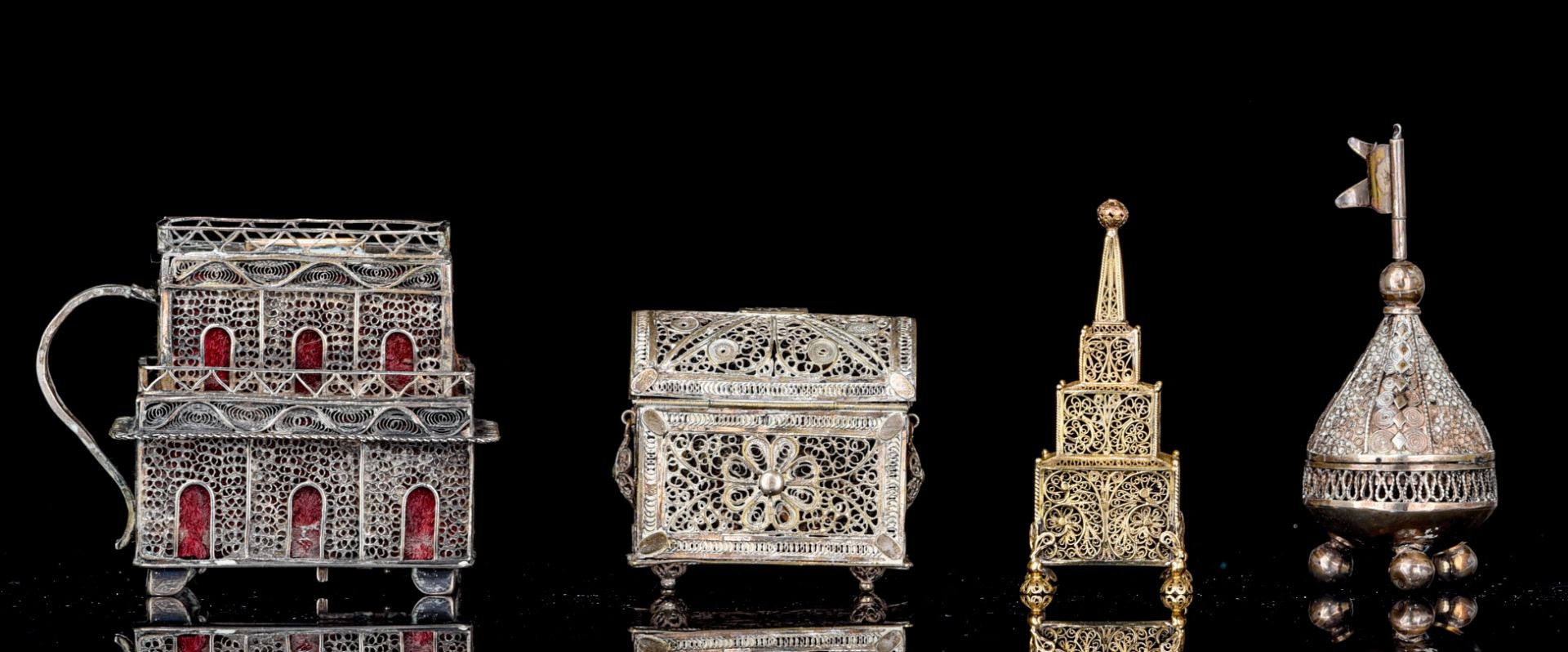(BIDDING ONLY ON CARLOBONTE.BE) A collection of silver Judaica spice towers, an etrog and tzedakah b - Image 4 of 12
