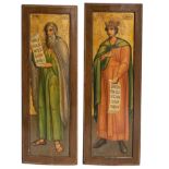 Two monumental iconostase icons, representing Saint Peter and a crowned saint, oil on panel, 42 x 11