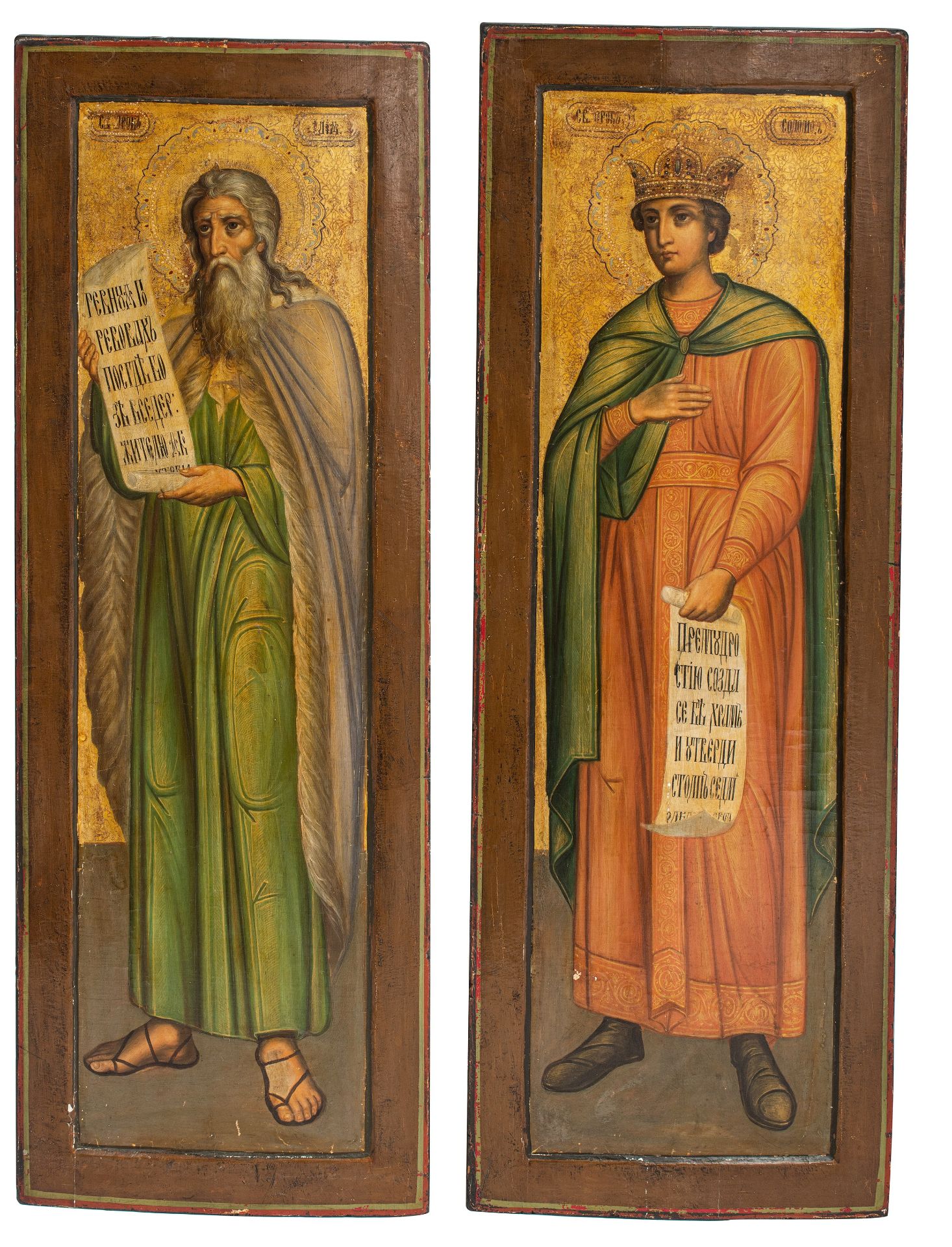 Two monumental iconostase icons, representing Saint Peter and a crowned saint, oil on panel, 42 x 11