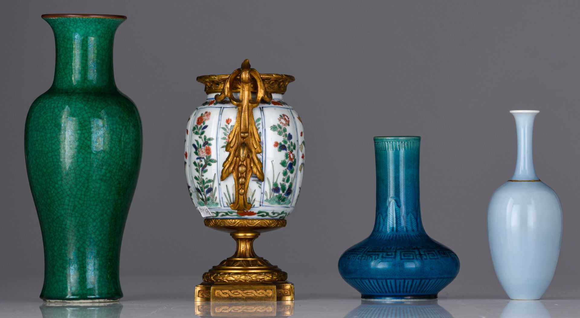 Three Chinese monochrome glazed vases and a famille verte jarlet, one with a Kangxi mark, tallest H - Image 5 of 8