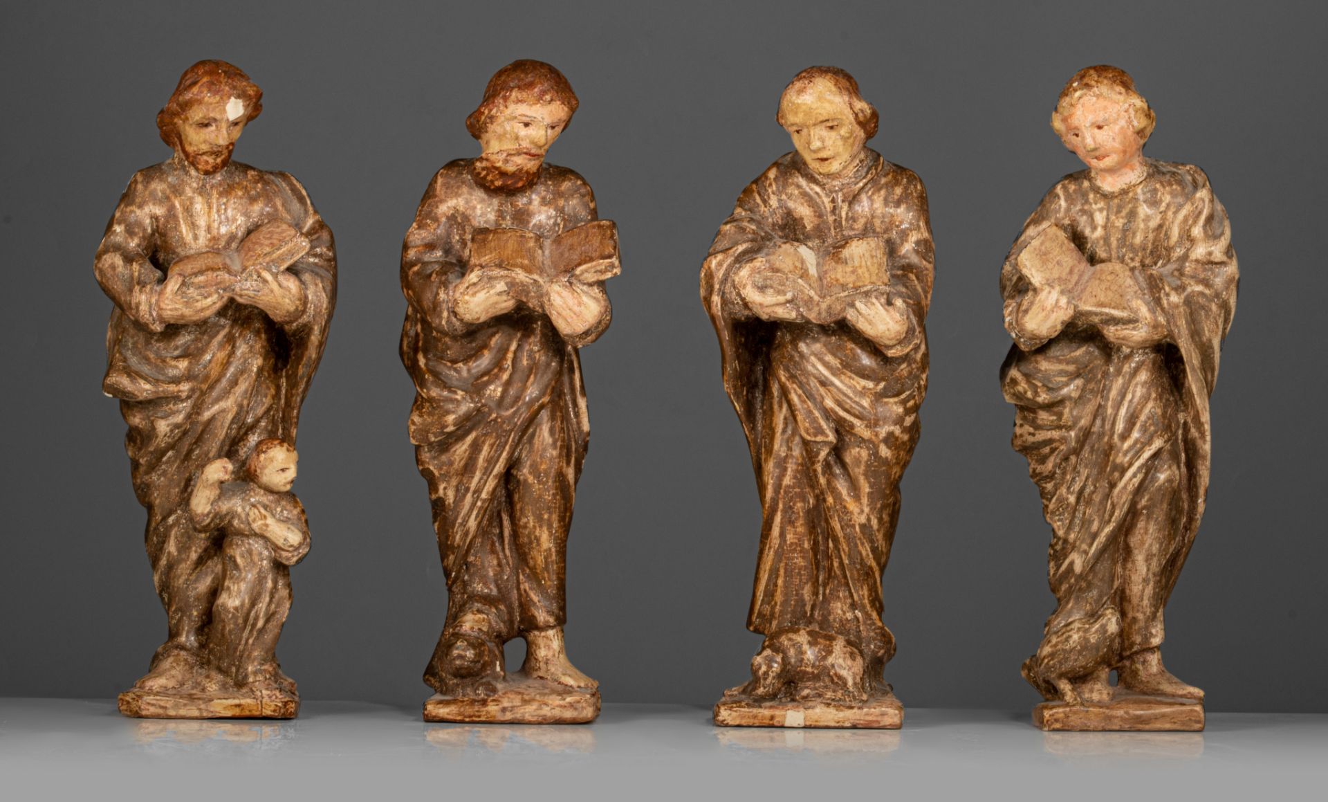 A set of the four polychrome painted wooden Evangelists, 18thC, probably Germany, H 35 cm - Image 2 of 8