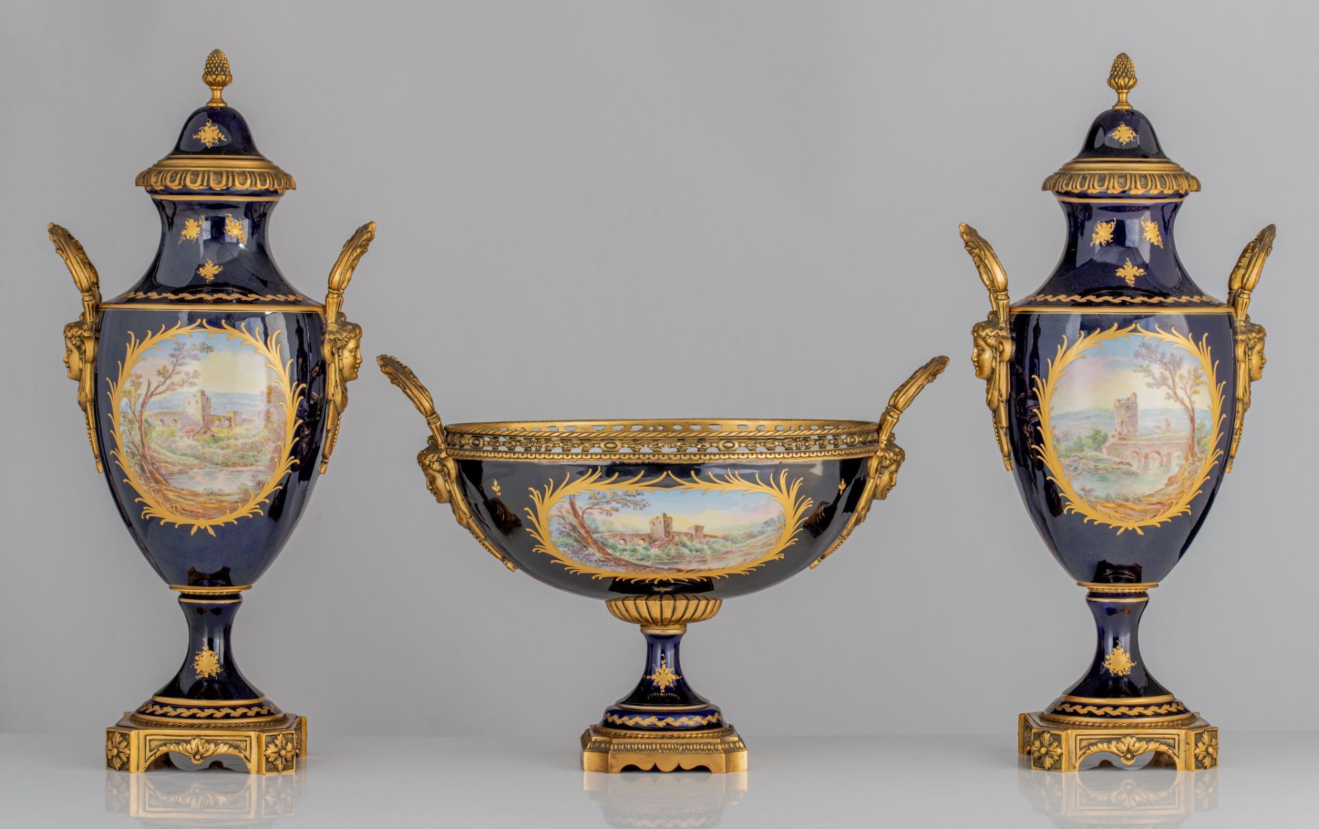 A three-piece SËvres type garniture set, with hand-painted roundels, H 34 - 59 cm - Image 3 of 13