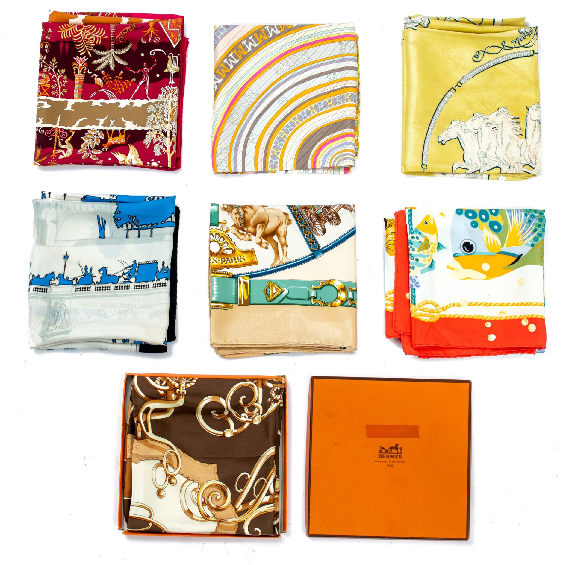 A various collection of 7 Hermes silk twill weave scarves