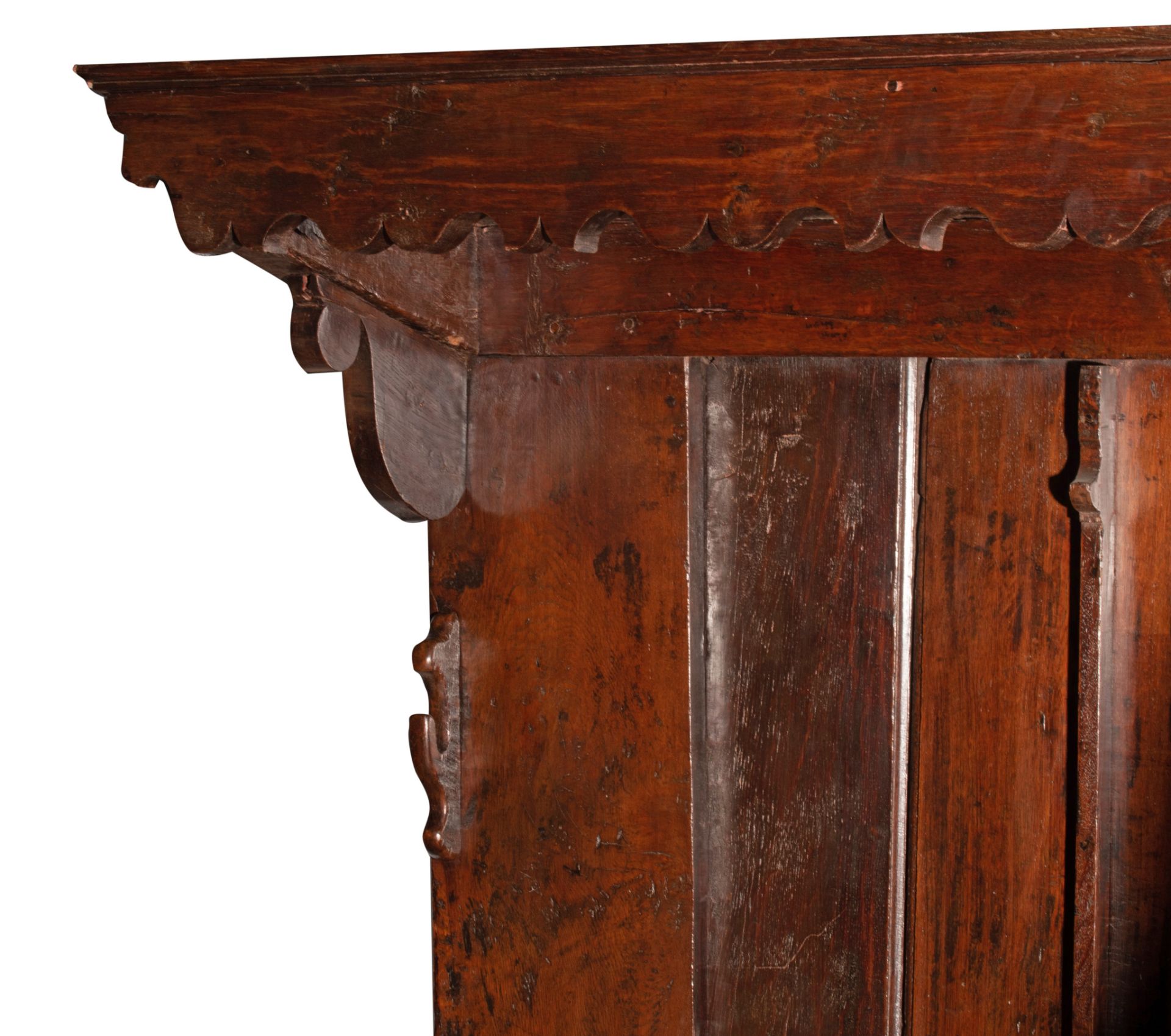 A curious English Elizabethan style oak bench cupboard, with wrought iron fittings, H 180 - W 248 - - Image 3 of 4