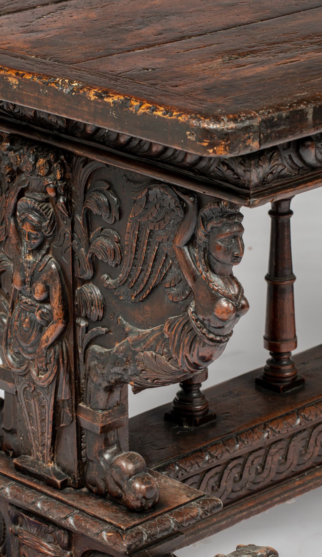 An exceptional Italian Renaissance carved walnut centre table, 16th/17thC, H 82 - W 165 - D 86,5 cm - Image 8 of 12
