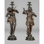 A pair of patinated spelter blackamoor figure lamps, H 103 cm