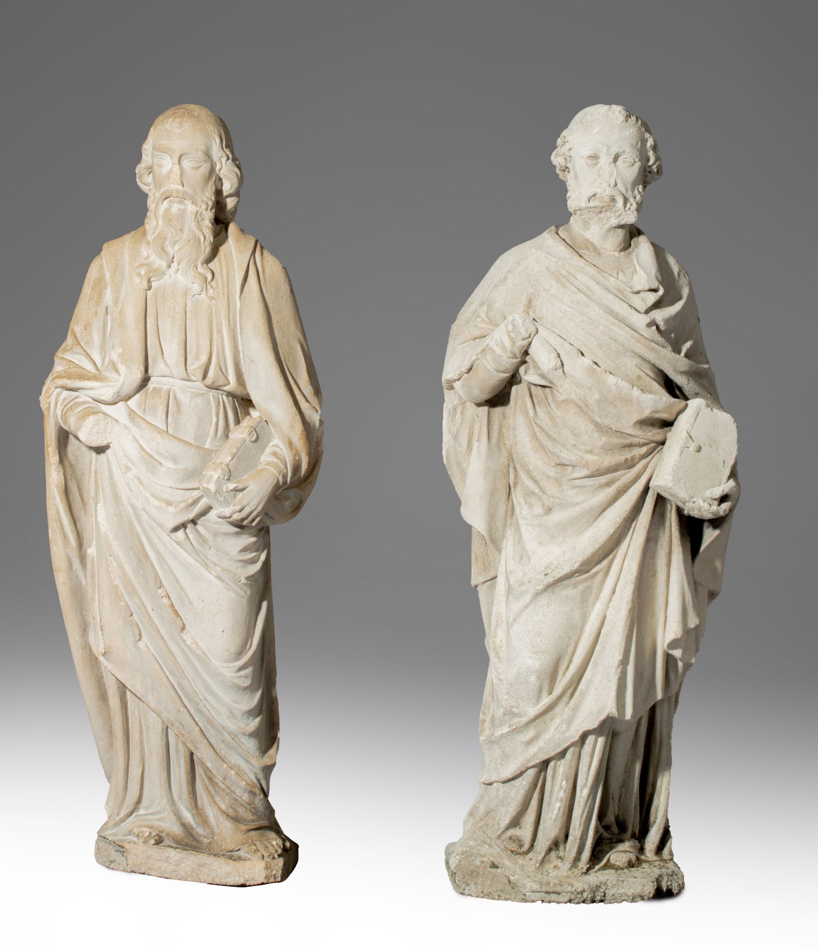 Two matching reconstituted stone sculptures of standing evangelists, H 83 - 85 cm - Image 2 of 11