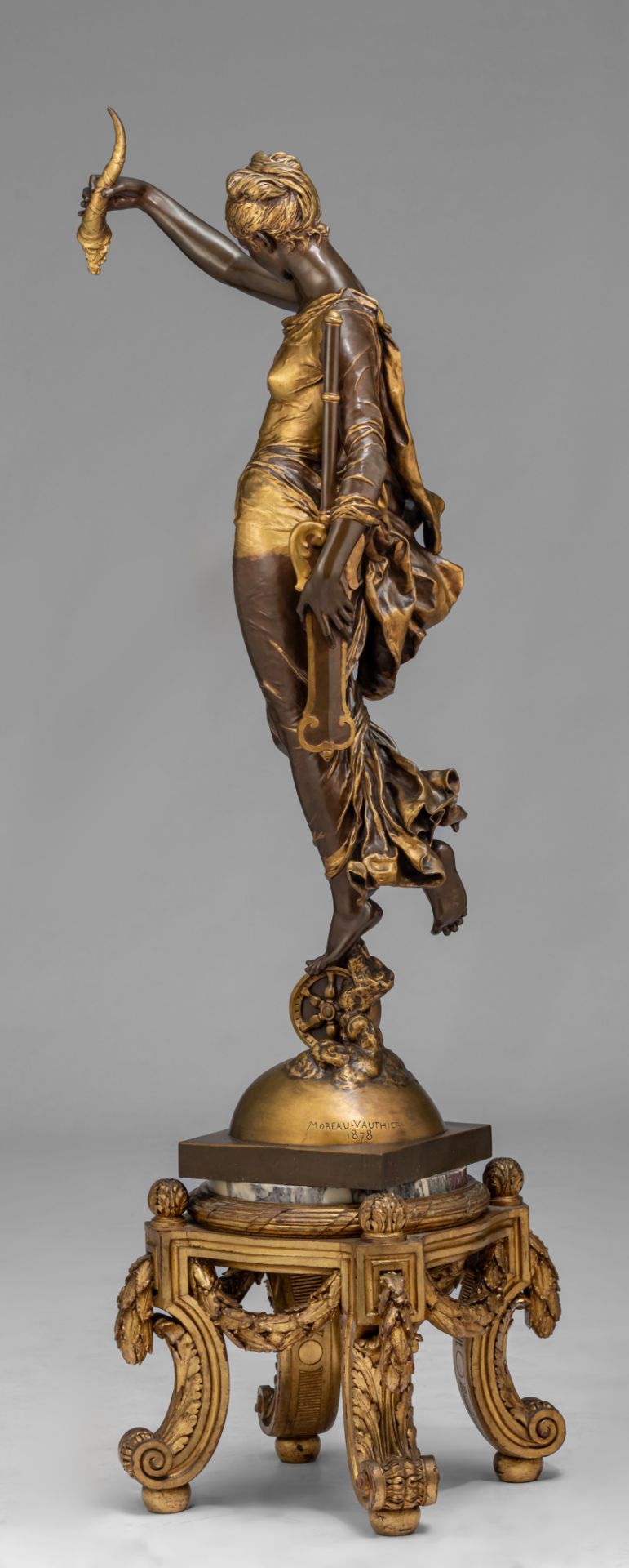 Paul Moreau-Vauthier (1871-1936), 'Fortuna', 1878, gilt and patinated bronze on a matching pedestal, - Image 6 of 14