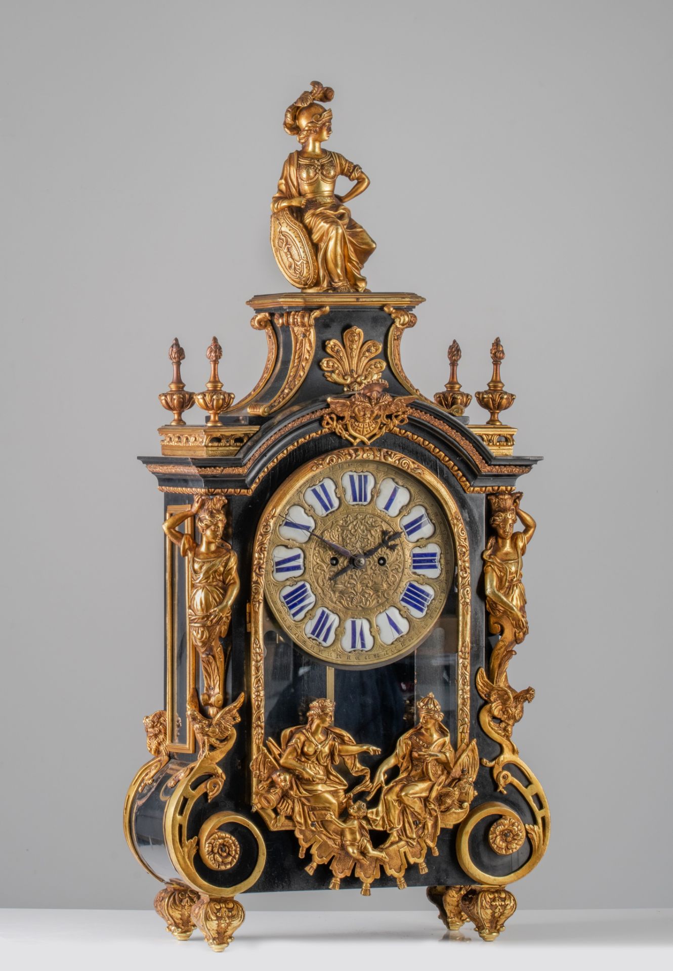 A Napoleon III ebonised wooden 'Pendule Religieuse', with gilt bronze mounts, H 96 cm - Image 2 of 11