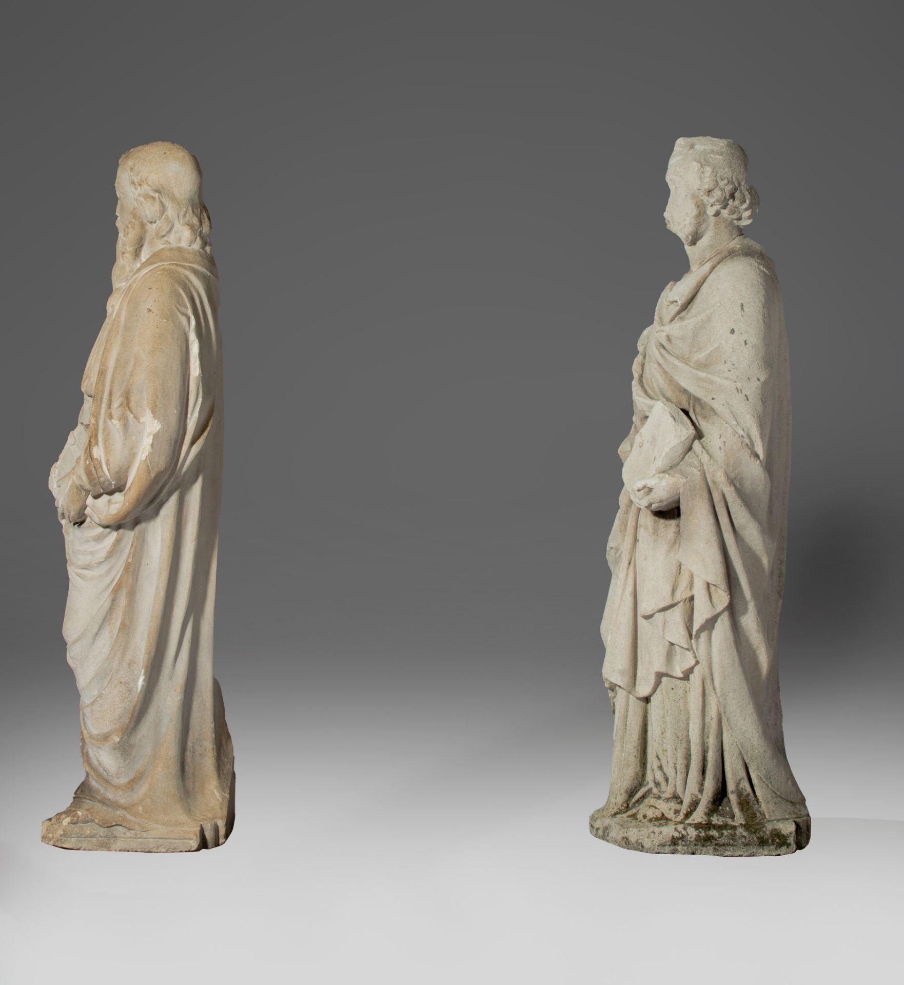 Two matching reconstituted stone sculptures of standing evangelists, H 83 - 85 cm - Image 4 of 11