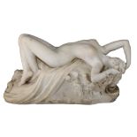 Costantino Barbella (1852-1925), a reclining female nude among roses, Carrara marble, H 32 - W 60 cm