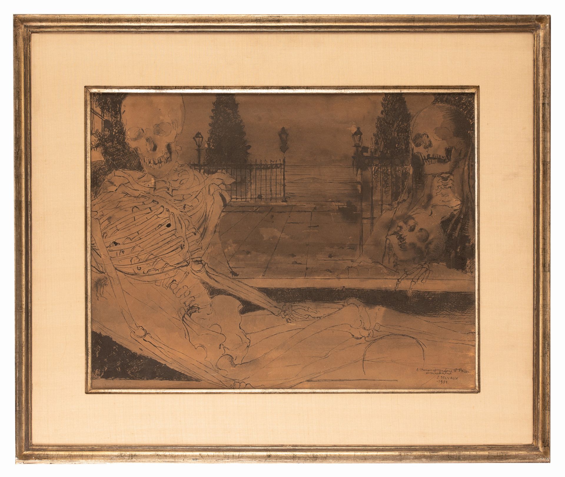 Paul Delvaux (1897-1994), Skeleton in odalisque pose, 1951, washed Indian ink drawing on paper, 40 x - Image 2 of 4