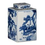 A Chinese blue and white figural tea caddy, with a Kangxi mark, 19thC, H 30 cm