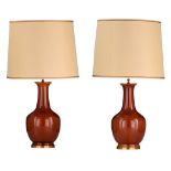 (BIDDING ONLY ON CARLOBONTE.BE) A decorative pair of monochrome glazed bottle vase lamps, H 85 cm (t