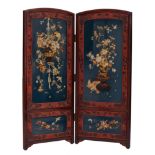 Two-piece Japanese black and red lacquer, and Shibayama decorated folding screen, Meiji period