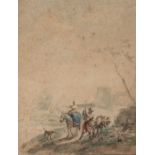 Travellers in a landscape, ink and watercolour on laid paper, 18thC French School, 27,5 x 21 cm