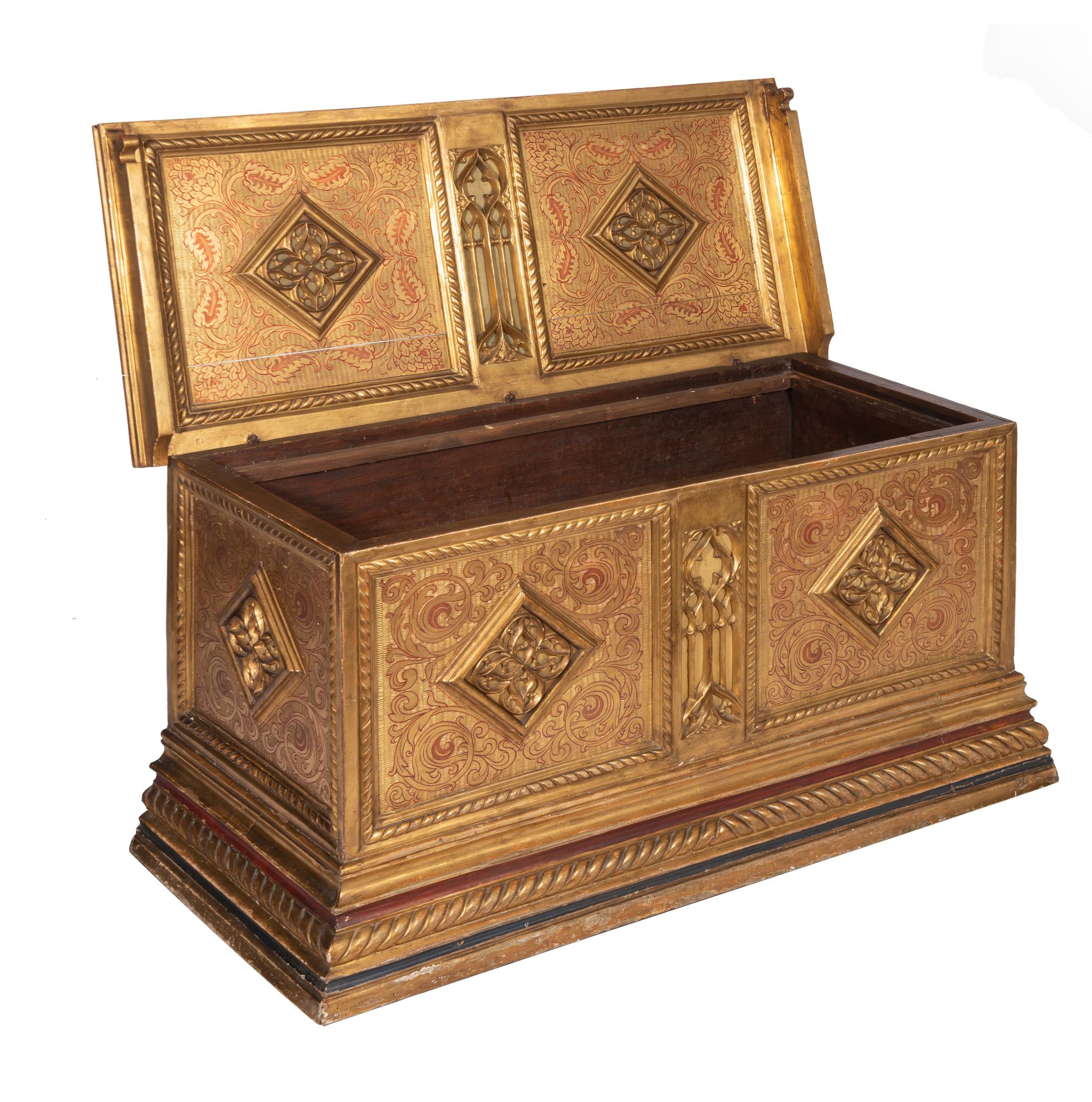 A fine Gothic Revival gilt decorated walnut trunk, H 64 - W 118 - D 54 cm - Image 3 of 8