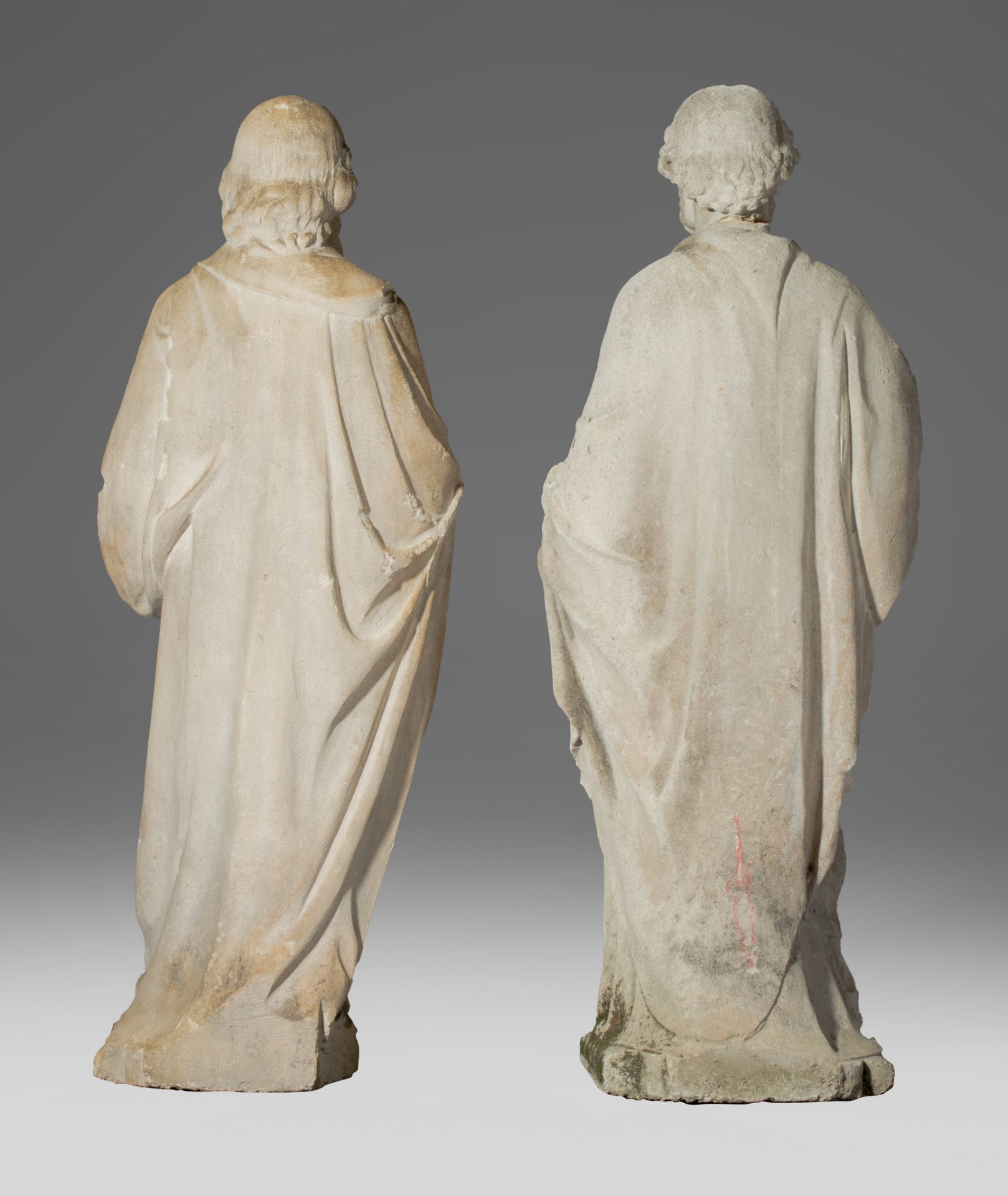 Two matching reconstituted stone sculptures of standing evangelists, H 83 - 85 cm - Image 5 of 11