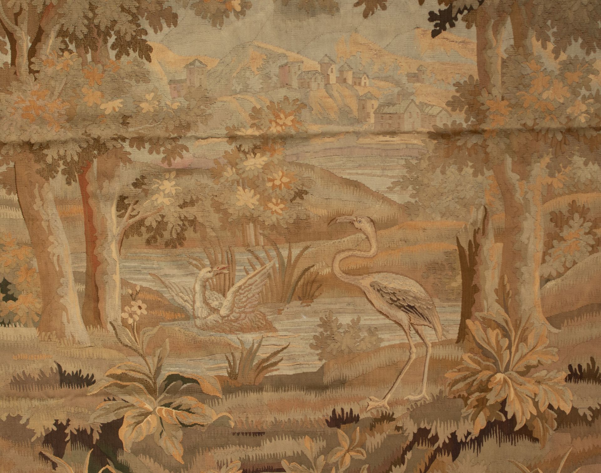 A 19thC wall tapestry depicting a heron and a duck in a landscape, 269 x 329 cm - Image 3 of 8