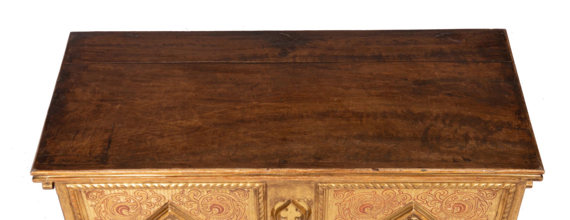 A fine Gothic Revival gilt decorated walnut trunk, H 64 - W 118 - D 54 cm - Image 8 of 8