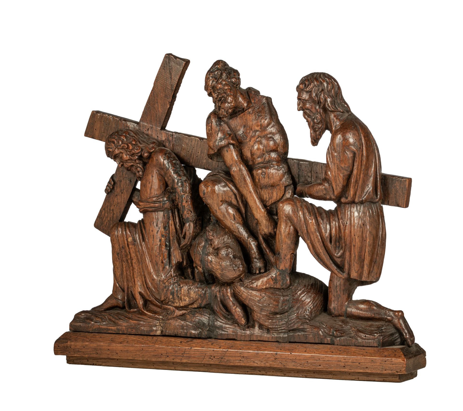 An oak retable fragment depicting one of the stages of the cross, probably Antwerp, late 16thC, H 37
