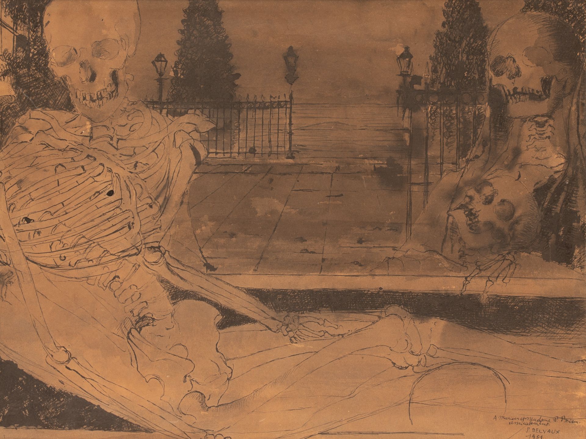 Paul Delvaux (1897-1994), Skeleton in odalisque pose, 1951, washed Indian ink drawing on paper, 40 x