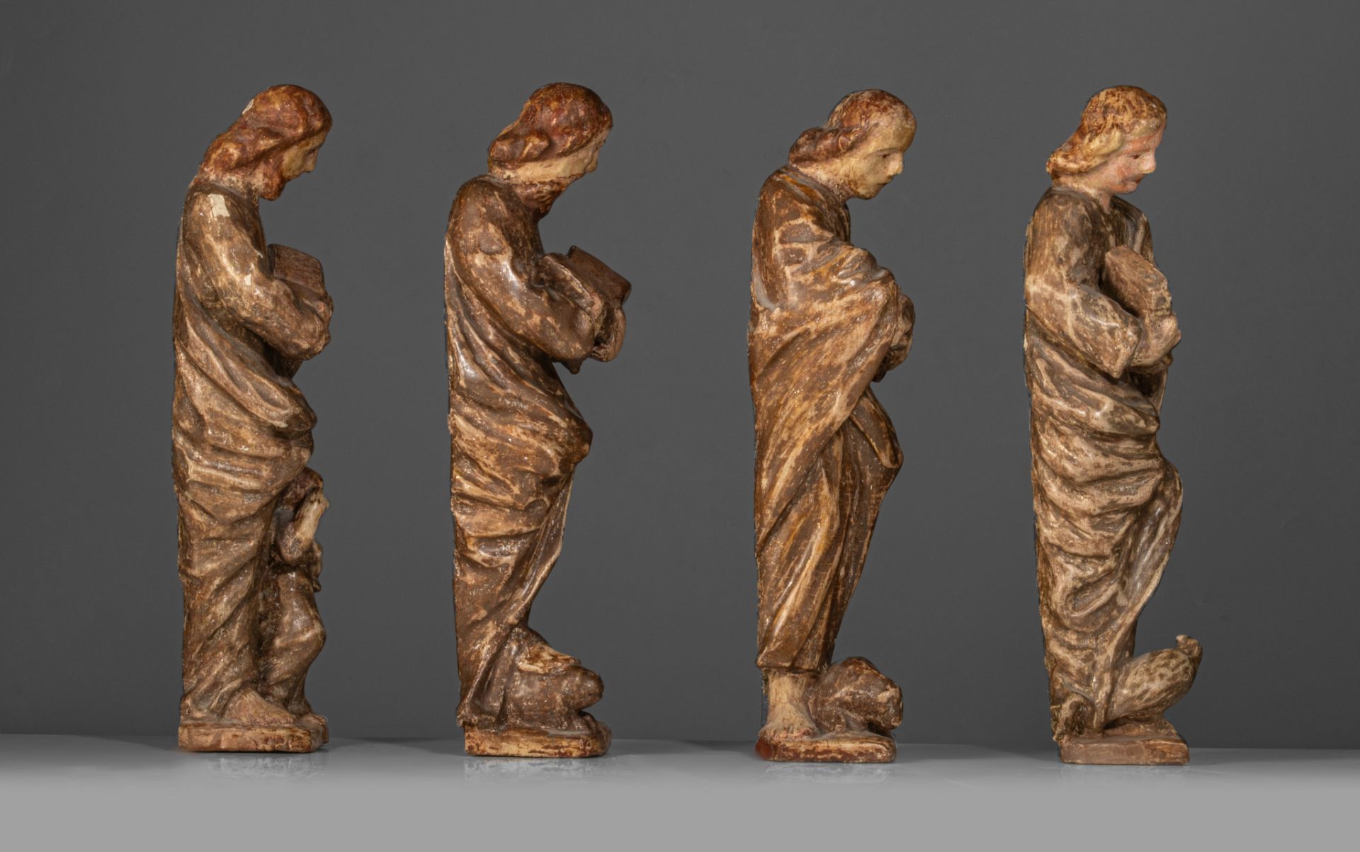 A set of the four polychrome painted wooden Evangelists, 18thC, probably Germany, H 35 cm - Image 5 of 8