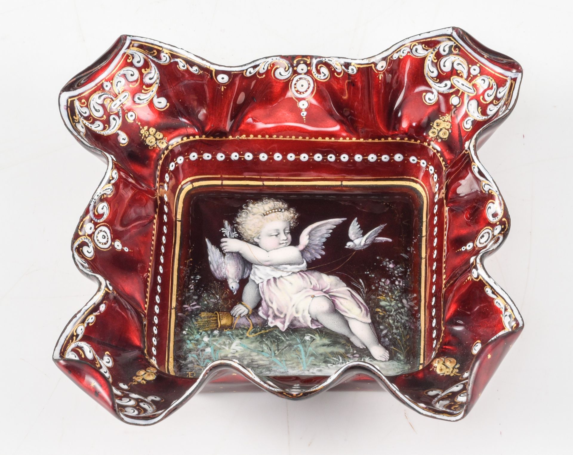 A Limoges enamel bowl, 'the allegory of love', ca 1875, H 4 - 13 - 13 cm (+) - Image 5 of 10