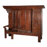 A curious English Elizabethan style oak bench cupboard, with wrought iron fittings, H 180 - W 248 -